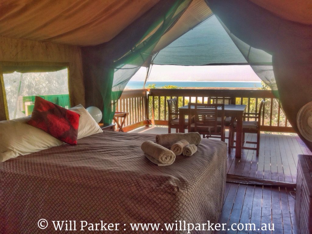 Family Safari Tent, view from bed & deck.